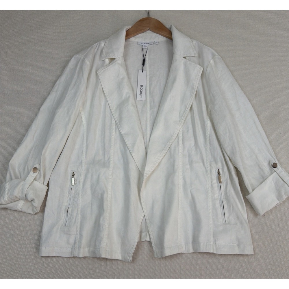 NWT Chicos Open Front Linen Blend Blazer Jacket Size on Tag 2.5 US 14 Alabaster